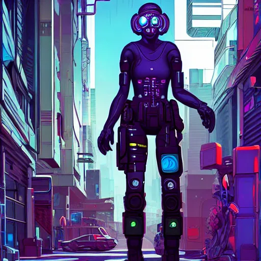 Image similar to A cyberpunk policewoman cyborg on the street of a cyberpunk city art by Josan Gonzalez, sci-fi, highly detailed, digital painting, artstation, smooth, sharp focus, illustration, concept art by Josan Gonzalez and James Gurney and Mœbius