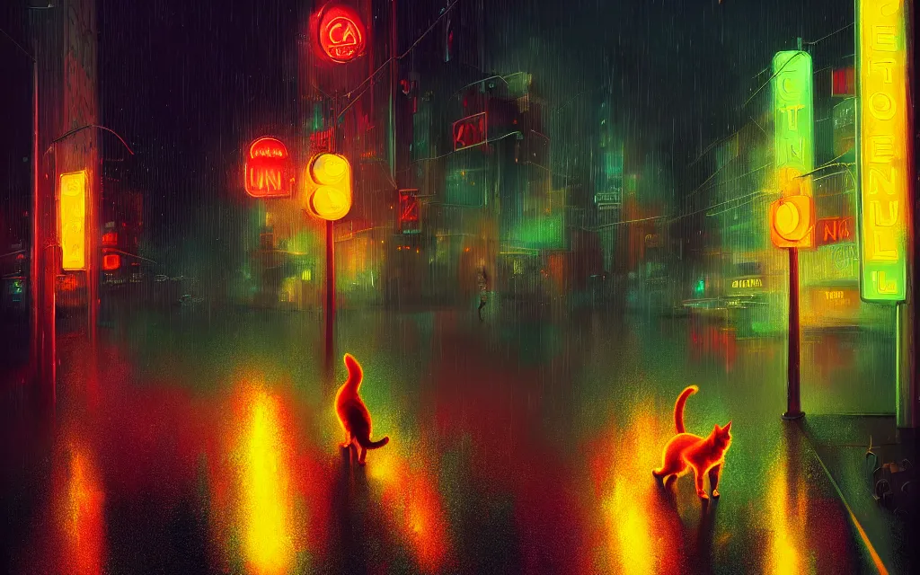 Prompt: cat running through heavy rain in a neon lit street at night by wlop, ultra detailed color art, high detail, digital art