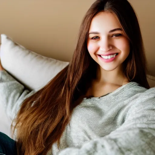 Image similar to a cute young woman smiling, long shiny bronze brown hair, full round face, green eyes, medium skin tone, light cute freckles, smiling softly, wearing casual clothing, relaxing on a modern couch, interior lighting, cozy living room background, medium shot, mid-shot, soft focus