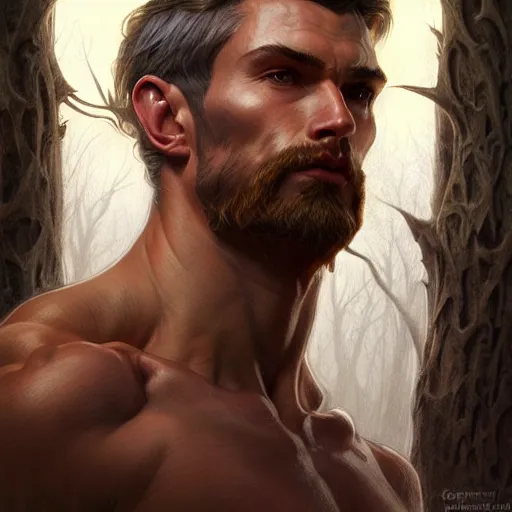 Image similar to portrait of forest gog, male, clear face, masculine, upper body, muscular, fantasy, intricate, elegant, highly detailed, digital painting, artstation, concept art, matte, sharp focus, illustration, art by artgerm and greg rutkowski and alphonse mucha