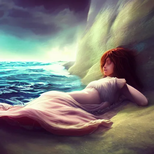 Image similar to a girl sleeping in the ocean, an epic fantasy, dramatic lighting, cinematic, establishing shot, extremely high detail, photorealistic, cinematic lighting, concept art, hdri, 4k -