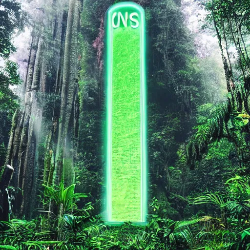 Image similar to a neon monolith in a mythical rainforest,