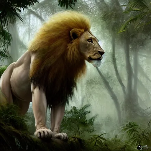 Image similar to commission portrait of a fit male anthro albino lion,dressed in jungle clothes,goung through a jungle.,dramatic,character design by charles bowater,greg rutkowski,ross tran,hyperdetailed,hyperrealistic,4k,deviantart,artstation,professional photography,concept art