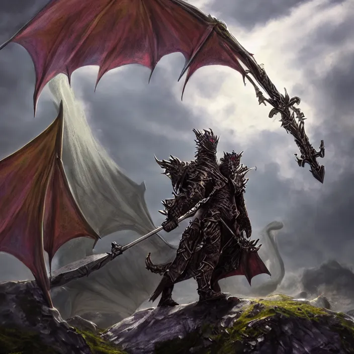 Prompt: photorealistic concept fantasy art of a dragon warlock, in a suit of dragon chain armor, raising his sword on a hill, dynamic lighting, sun ray, ray tracing, hyper realism