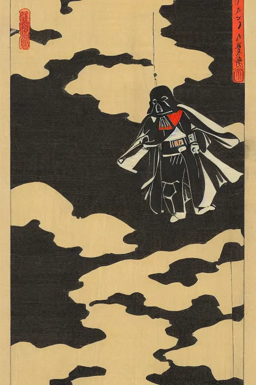 Prompt: Japanese woodblock print of Darth Vader, Hokusai