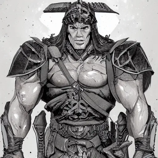 Image similar to cell shaded cartoon, a portrait of a fully armored conan the barbarian, illustration, wide shot, subtle colors, concept art by josan gonzales and wlop, laurie greasley, jordan grimmer and james jean, highly detailed, sharp focus, trending on artstation, hq, deviantart, art by artgem