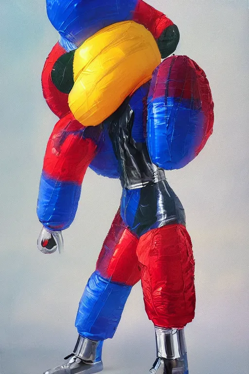 Prompt: a character wearing a voluminous inflatable suit made from tartan mix and metal and plastic, blurred, muted colors, oil painting hyper real, super detailed, soft light