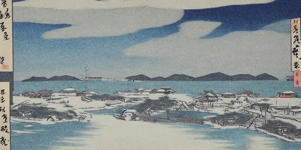 Image similar to 🌨 ❄ 🏝 🏞. shin hanga.