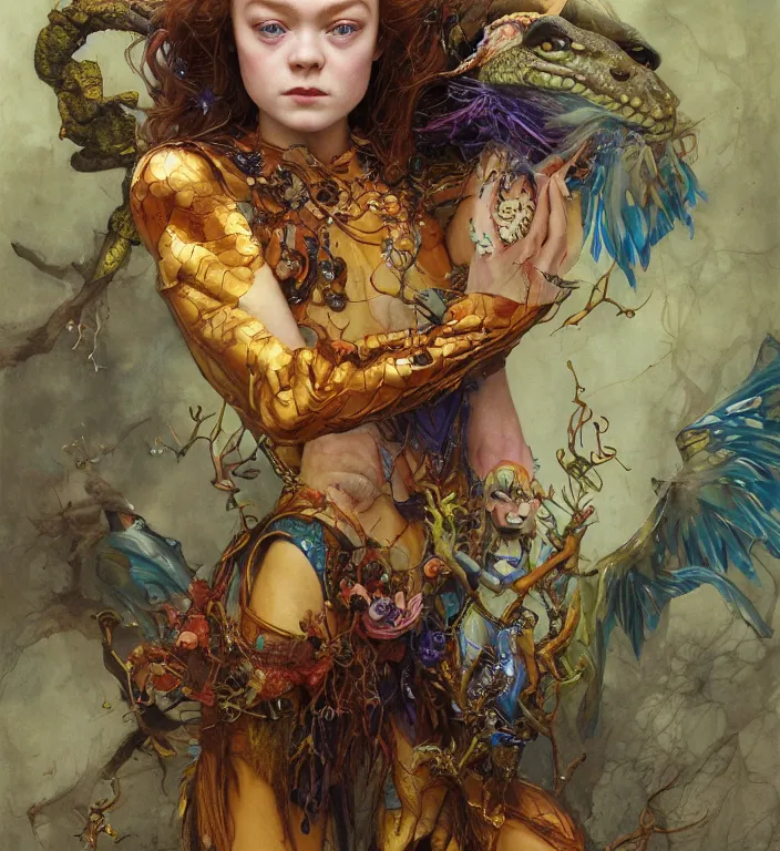 Prompt: a portrait photograph of a meditating fierce sadie sink as a colorful harpy super hero with scaled skin. she is trying on skin grafts and transforming into a slick amphibian. by tom bagshaw, donato giancola, hans holbein, walton ford, gaston bussiere, peter mohrbacher and brian froud. 8 k, cgsociety