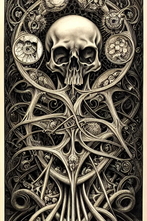 Prompt: detailed realistic memento mori lithograph by cameron gray and ernst haeckel, gothic ornament, skulls, bones, art nouveau, neogothic, ornate art nouveau botanicals, horizontal symmetry, polished