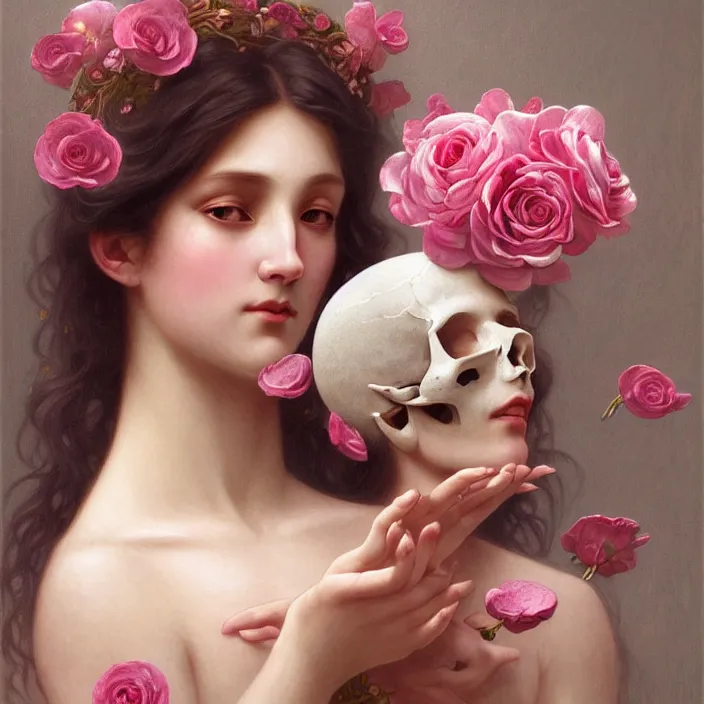 Image similar to a wonderful goddess with the skull made of rose pink petals, intricate, elegant, highly detailed, wonderful eyes, sweet, digital painting, artstation, concept art, smooth, sharp focus, illustration, art by artgerm and greg rutkowski and alphonse mucha and william - adolphe bouguereau