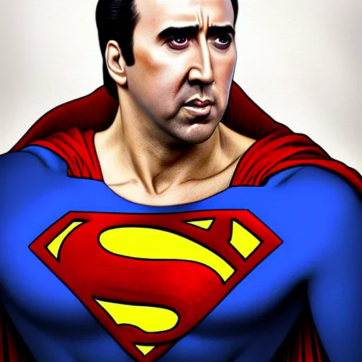 Image similar to upper body portrait of nicolas cage as superman, intricate, elegant, highly detailed, digital painting, artstation, concept art, smooth, sharp focus, illustration, art by artgerm and greg rutkowski and alphonse mucha, award winning, 8 k