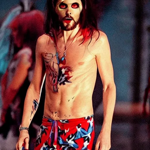 Image similar to Morbius The Living Vampire (Jared Leto) wearing a Hawaiian shirt and swim trunks