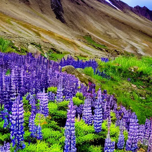 Prompt: a secret garden of lupine beneath peru's highest peaks