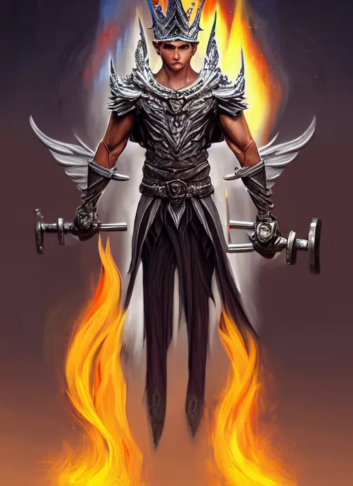 Image similar to aggressive winged androgenous queer silver elf with fire crown, d & d, muscular! crossfit, fitness, tech suit, tight wrinkled cloath, vivid color scheme, atmospheric perspective, fantasy, intricate, elegant, highly detailed, digital painting, artstation, concept art, smooth, sharp focus, illustration, art by craig davison and jesper ejsing