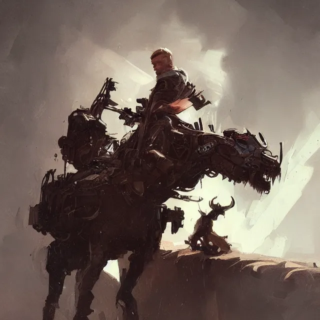 Image similar to a painting of an outlaw with a mechanical animal by greg rutkowski, dark fantasy art, high detail, trending on artstation