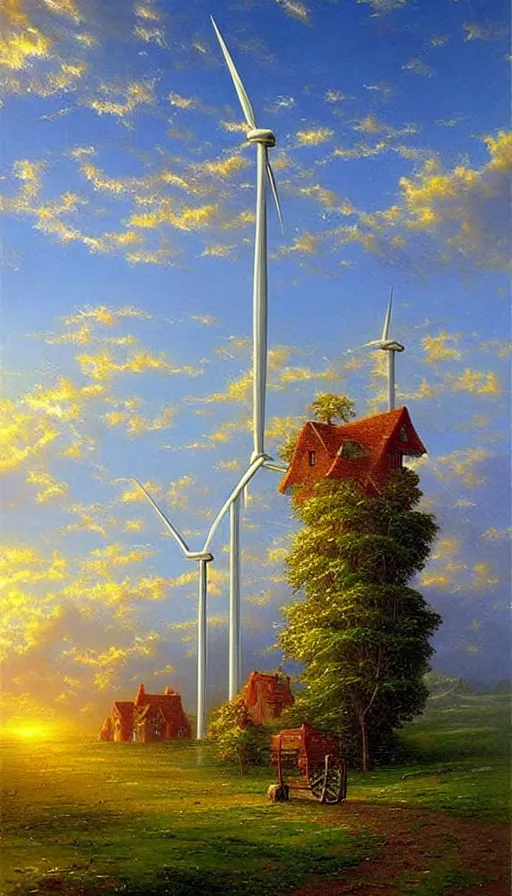 Prompt: beautiful wind turbines, art by thomas kincade