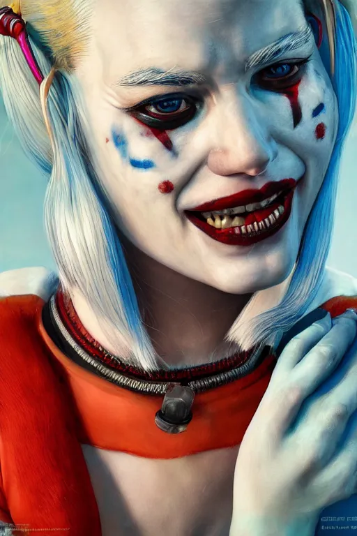 Image similar to cinematic portrait of Harley Quinn. Centered, uncut, unzoom, symmetry. character illustration. Surreal render, ultra realistic, zenith view. Polished. Inspired by patricio clarey, heidi taillefer scifi painter glenn brown. Extremely ornated. artstation, cgsociety, unreal engine, ray tracing, detailed illustration, hd, 4k, digital art, overdetailed art. Dslr, tiltshift, dof. 64megapixel. complementing colors. Trending on artstation, deviantart,