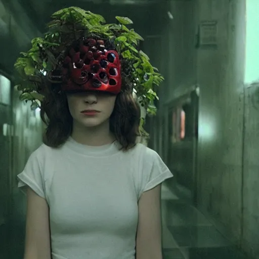 Image similar to movie still of a girl with a cyborg plants helmet, cinematic composition, cinematic light, by edgar wright and david lynch