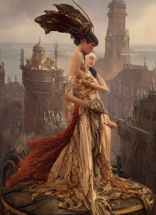 Prompt: a painting of a beautiful queen in fantastic dress next to a dragon, photorealistic painting by Jaime Jones, Tom Bagshaw,Lawrence Alma-Tadema,greg rutkowski,deviantart contest winner, fantasy art, daz3d,intricate,elegant,highly detailed,8k,digital painting,concept art, sharp focus, illustration,golden ratio