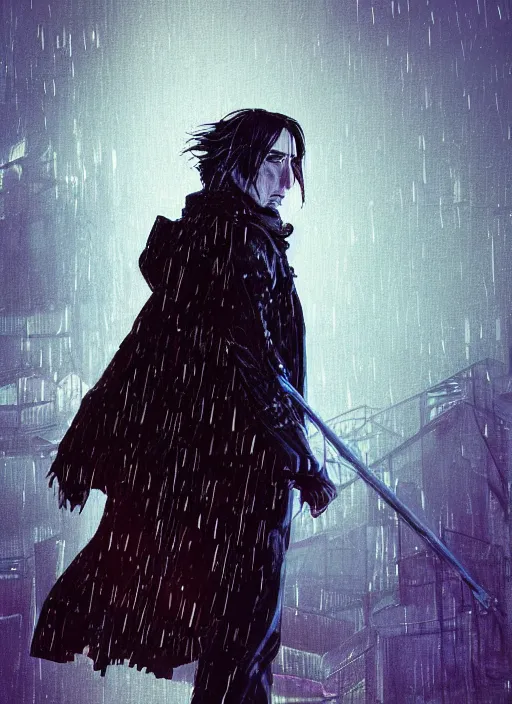 Image similar to an epic fantasy comic book style full body portrait painting of a very beautiful synthwave industrial goth trent reznor as snape walking in the rain, neon reflections in the rain puddles, character design by mark ryden and pixar and hayao miyazaki, unreal 5, daz, hyperrealistic, octane render, cosplay, rpg portrait, dynamic lighting, intricate detail, cinematic