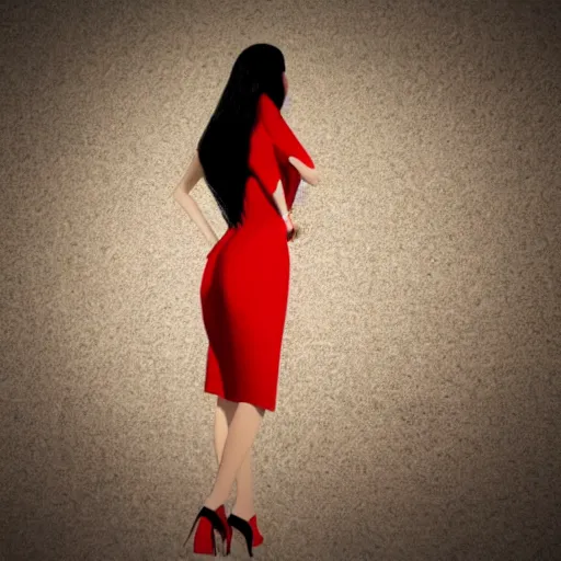 Prompt: woman, red short dress, black hair, high definition, by milo manara, 3 d render, red high heels, face, house, sand