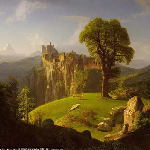 Prompt: A large, sprawling stone castle carved out of the side of a mountain, overlooking a distant magical tree in the meadow, by Thomas Cole and Albert Bierstadt