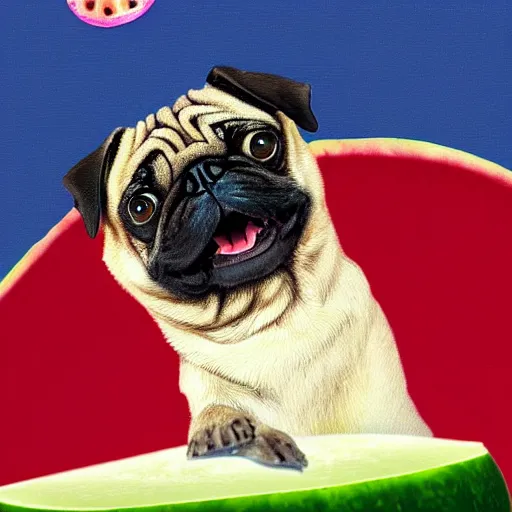 Image similar to A pug riding in a watermelon UFO, digital art