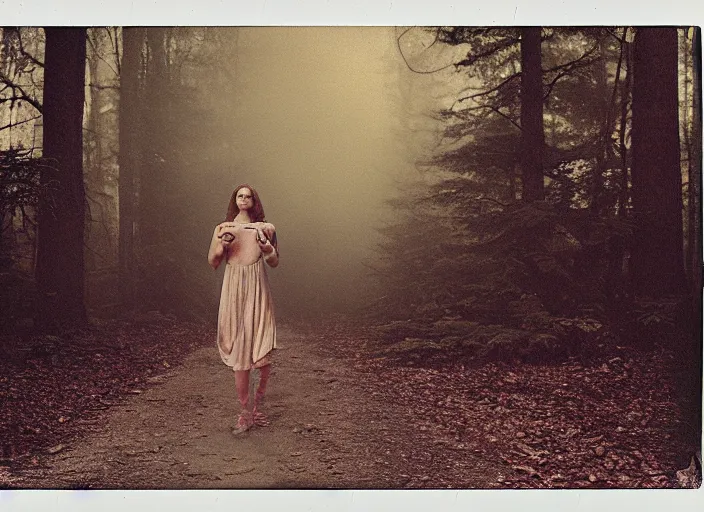 Prompt: medium shot, a young woman towards the camera, a demon is chasing her, woods, polaroid photo, vintage, neutral colors, by gregory crewdson