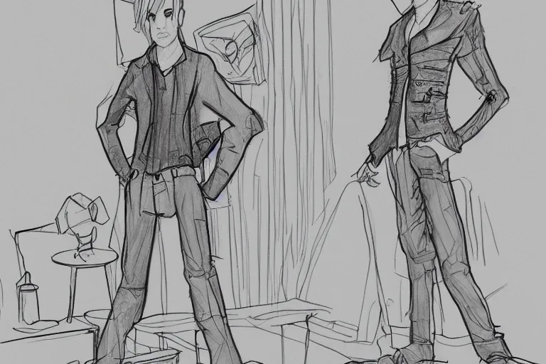 Image similar to single line sketch of goth guy standing in a cluttered 9 0 s bedroom, full body character concept art, scribble sketch, small details,