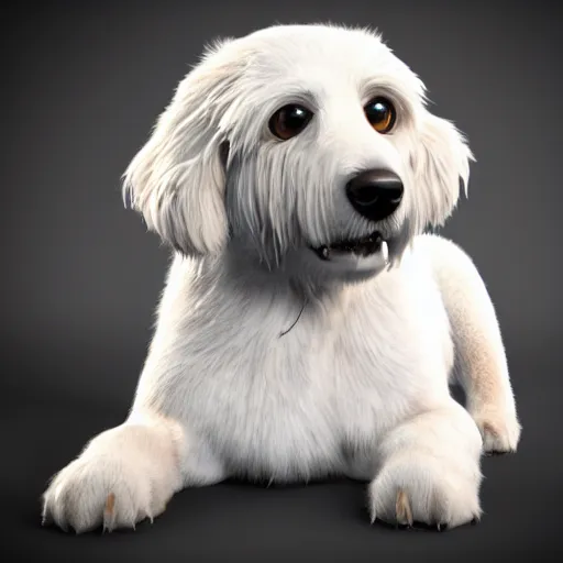 Image similar to crisp quality and light reflections, photorealistic portrait, studio lighting, still photo of a cute dog in the uncanny valley, bright studio setting, highly detailed, unreal engine 5 quality render