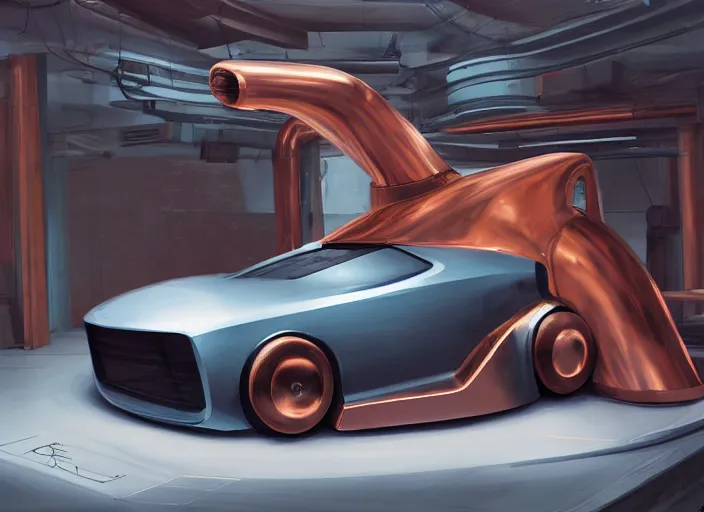 Prompt: an automobile with copper paint, in a studio, futuristic, art style by pablo carpio, car design by vergil exner, big engine and big wheels. full view, blank background.