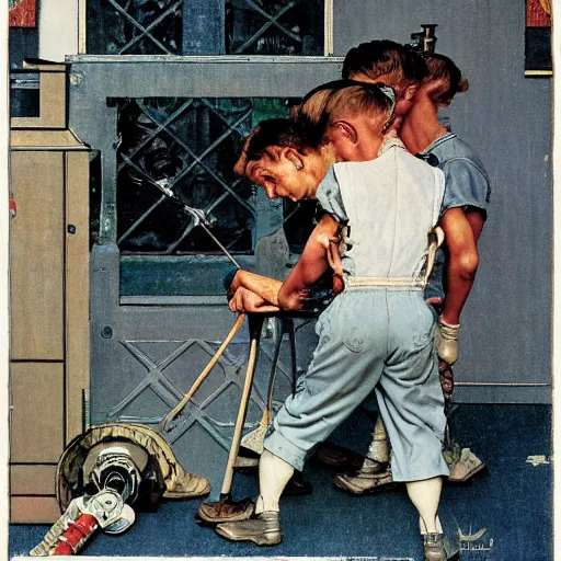 Prompt: a Norman Rockwell painting of a boy fixing his robot