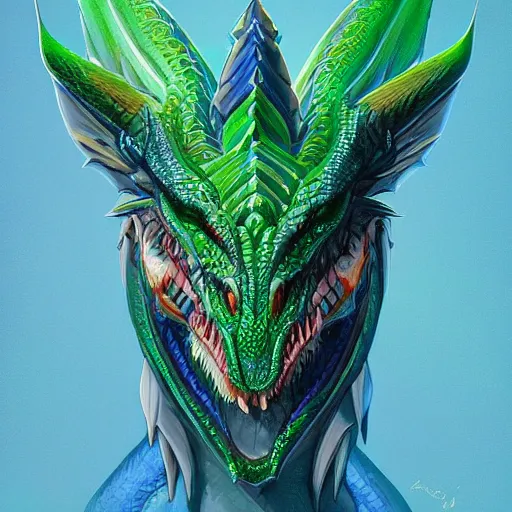 Image similar to symmetrical dragon head with scales, blue and green, highly detailed, digital painting, artstation, concept art, sharp focus, cinematic lighting, illustration, art by artgerm and greg rutkowski