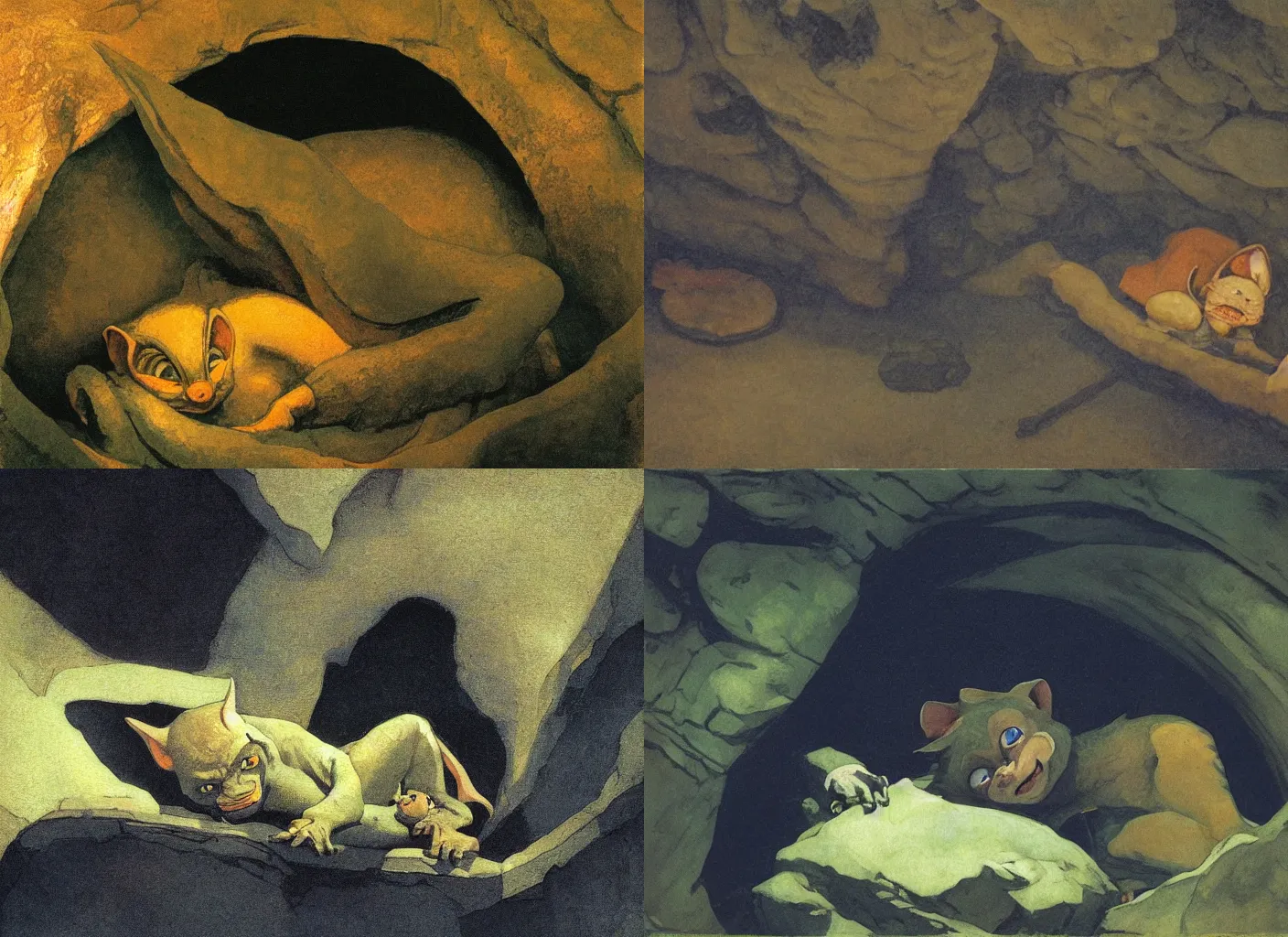 Prompt: sleepy gremlin rolled up for sleep in a dark cave, N. C. Wyeth ,