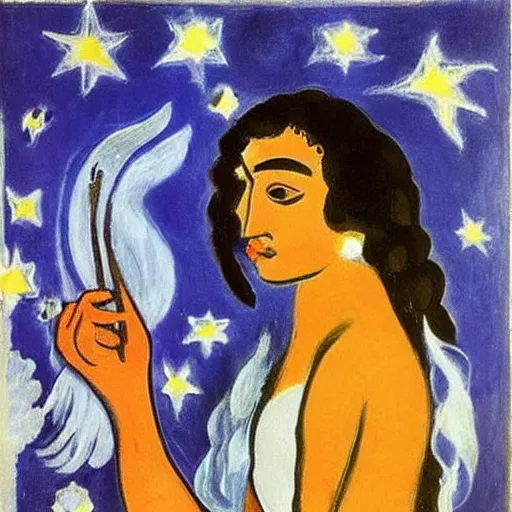 Image similar to The conceptual art features a woman with wings made of stars, surrounded by a blue and white night sky. The woman is holding a staff in one hand, and a star in the other. She is wearing a billowing white dress, and her hair is blowing in the wind. aboriginal art by Henri Matisse ghostly