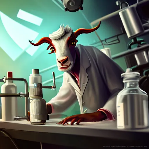 Image similar to a mad scientist goat in lab coats mixing acids, digital art, trending on artstation and unreal engine, deviantart, smooth, hyper detailed, award - winning, hd