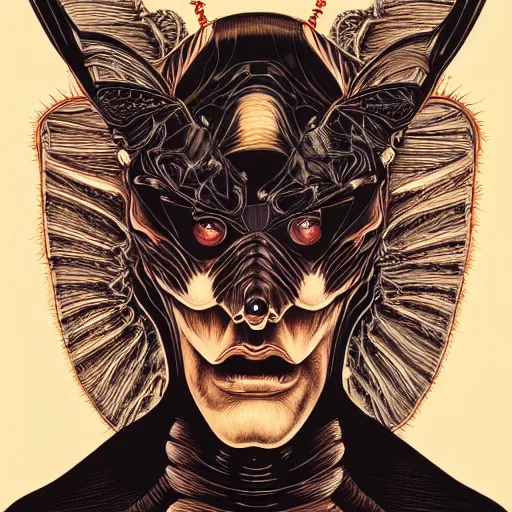 Prompt: portrait of dark wasp man, symmetrical, by yoichi hatakenaka, masamune shirow, josan gonzales and dan mumford, ayami kojima, takato yamamoto, barclay shaw, karol bak