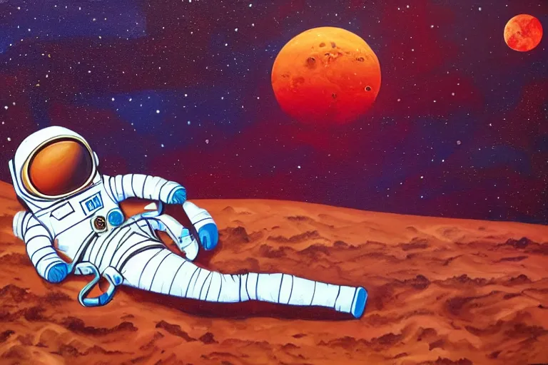 Image similar to an astronaut laying on mars in the style of flooko, acrylic art, detailed, moonlight,