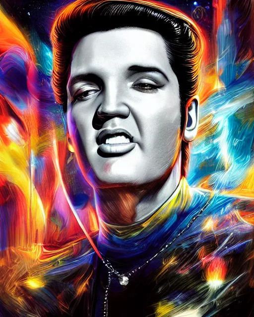 Image similar to a powerful energy elvis presley, by alexander fedosav, hyper detailed digital matte painting, concept art, hyperrealism, 1 6 k resolution, cinema 4 d, 8 k resolution, trending on artstation, behance hd, a masterpiece, by stephan martiniere, particles, cel - shaded, power bright neon energy, by david a. hardy,