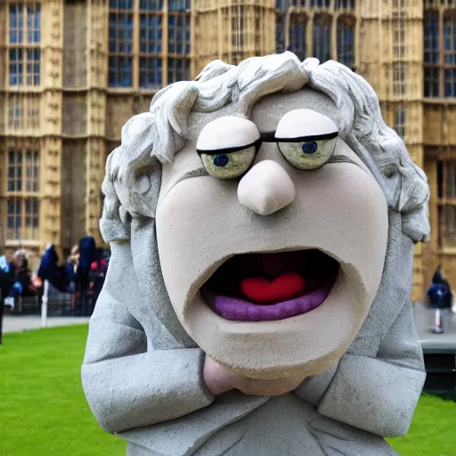 Prompt: a stone sculpture of boris johnson as a muppet outside the houses of parliament, mid distance