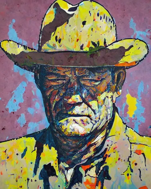 Prompt: abstracted john wayne painted in extremely thick, glazed impasto splatter paint, in muted color's, in impressionist styles