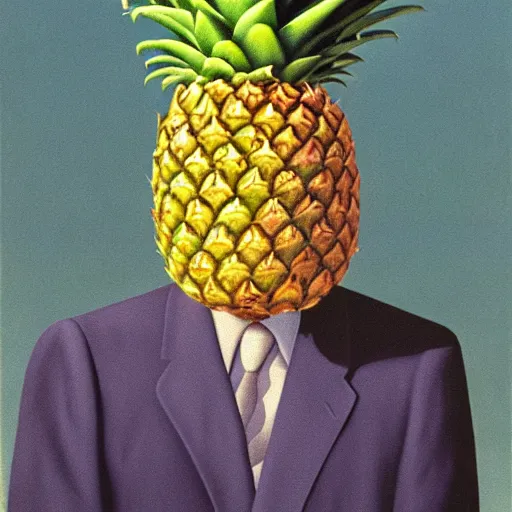 Prompt: the son of man but with a pineapple, painting by rene magritte, high detail, high resolution