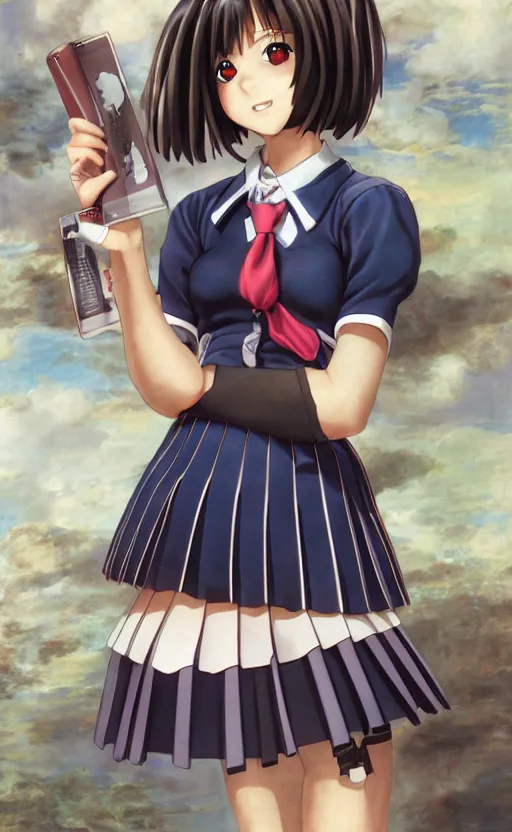Prompt: school girl, school uniform, seifuku, pleated miniskirt, battle angel alita. by rembrandt 1 6 6 7, illustration, illustrious makinami, by artgerm