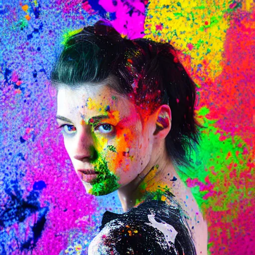 Prompt: beautiful scottish dark haired woman, pale skin, splattered with coloured paint, 4 k, zoomed
