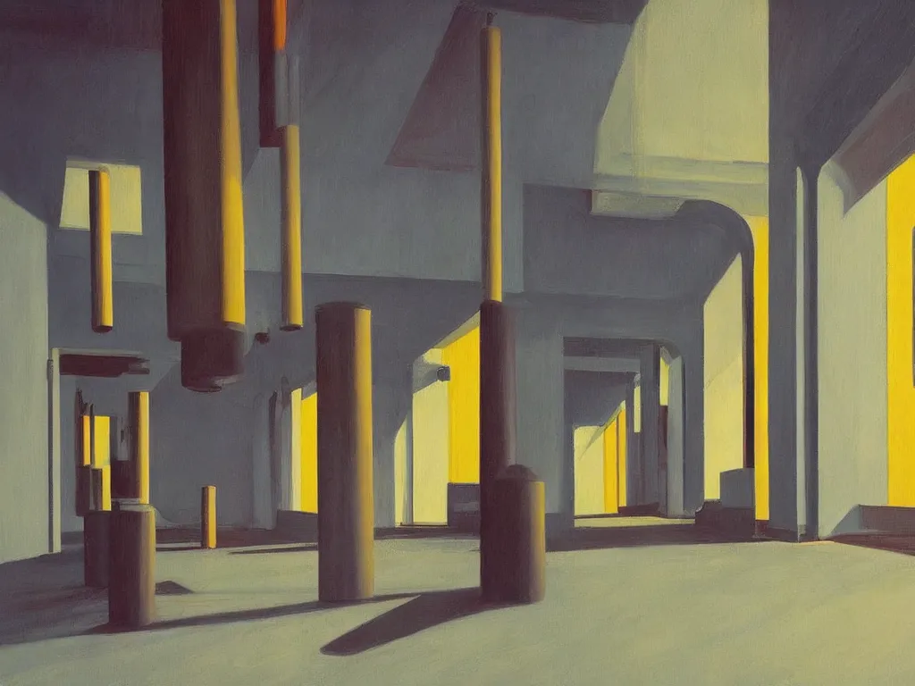 Image similar to colorful minimalist industrial interior hallway with monolithic pillars in the style of ridley scott and stanley kubrick, impossible stijl architecture, science fiction, lone silhouette in the distance, ultra wide angle view, realistic detailed painting by edward hopper