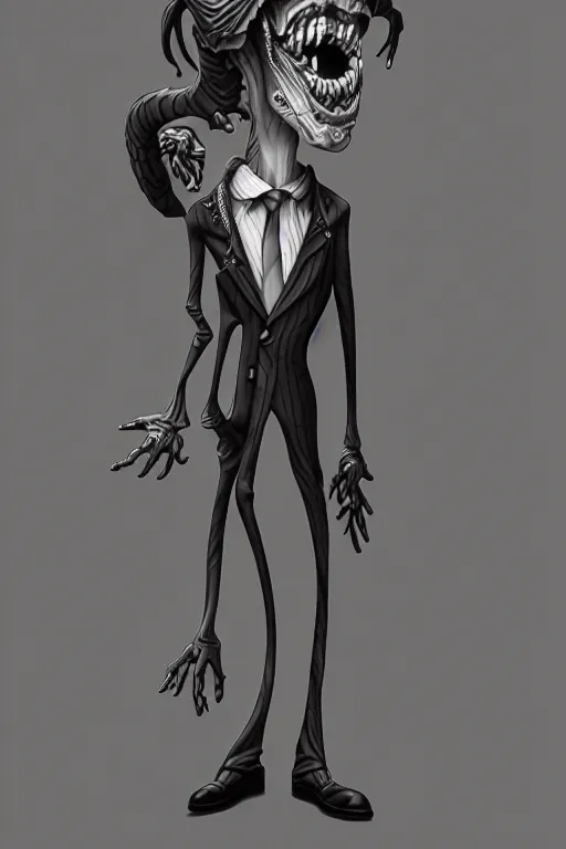 Image similar to creepy demon in a suit, tim burton, detailed, highly detailed, concept art, artstation, comic aesthetic, creepy aesthetic, toon shading, cel shading, substance designer render, substance designer,