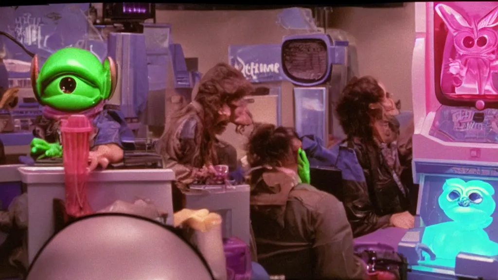 Image similar to Hyperreal Gremlins disguised as neon 90s casino arcade machines dispense experimental ultraviolet ice cream vaccine derived from holographic infrared predator, xenomorph and furby goosebumps goo in downtown silicon valley, film still from banned media Gremlins 3 New World Order, directed by REDACTED circa 1992 | text reads \'Gremlins 3 New World Order\' | Gremlins