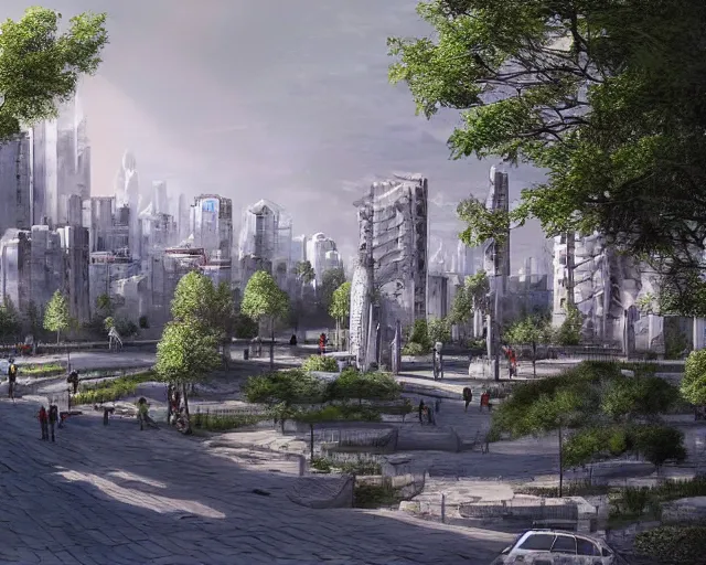 Prompt: turkey! - hungary! khaganate in 2 0 3 3 year, with futuristic! buildings, the buildings are light - grey!, with trees! around buildings, highly detailed digital art