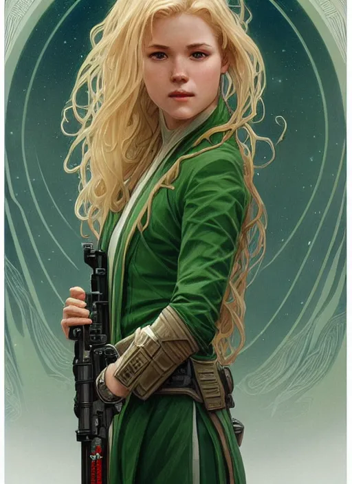 Image similar to a young april with a mischievous face and extremely long blonde wavy hair dressed in a green pale suit, she is a jedi from star wars, intricate detailed face, artgerm, greg rutkowski, alphonse mucha